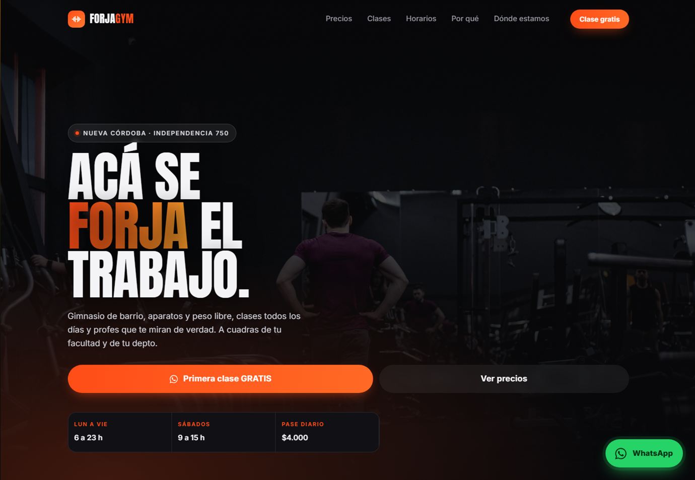 Captura del sitio conceptual de Forja Gym: título grande «Acá se forja el trabajo», botón de primera clase gratis y horarios.